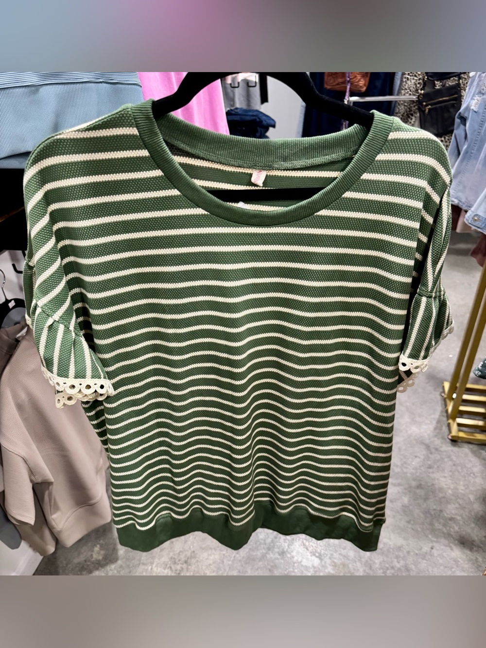 Green and White Striped Knit Top with Lace Trim